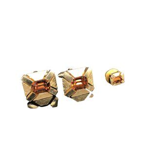 Shields Topaz Crystal Cuff Links and Tie Tack, Mid Century Mens Gold Tone Access